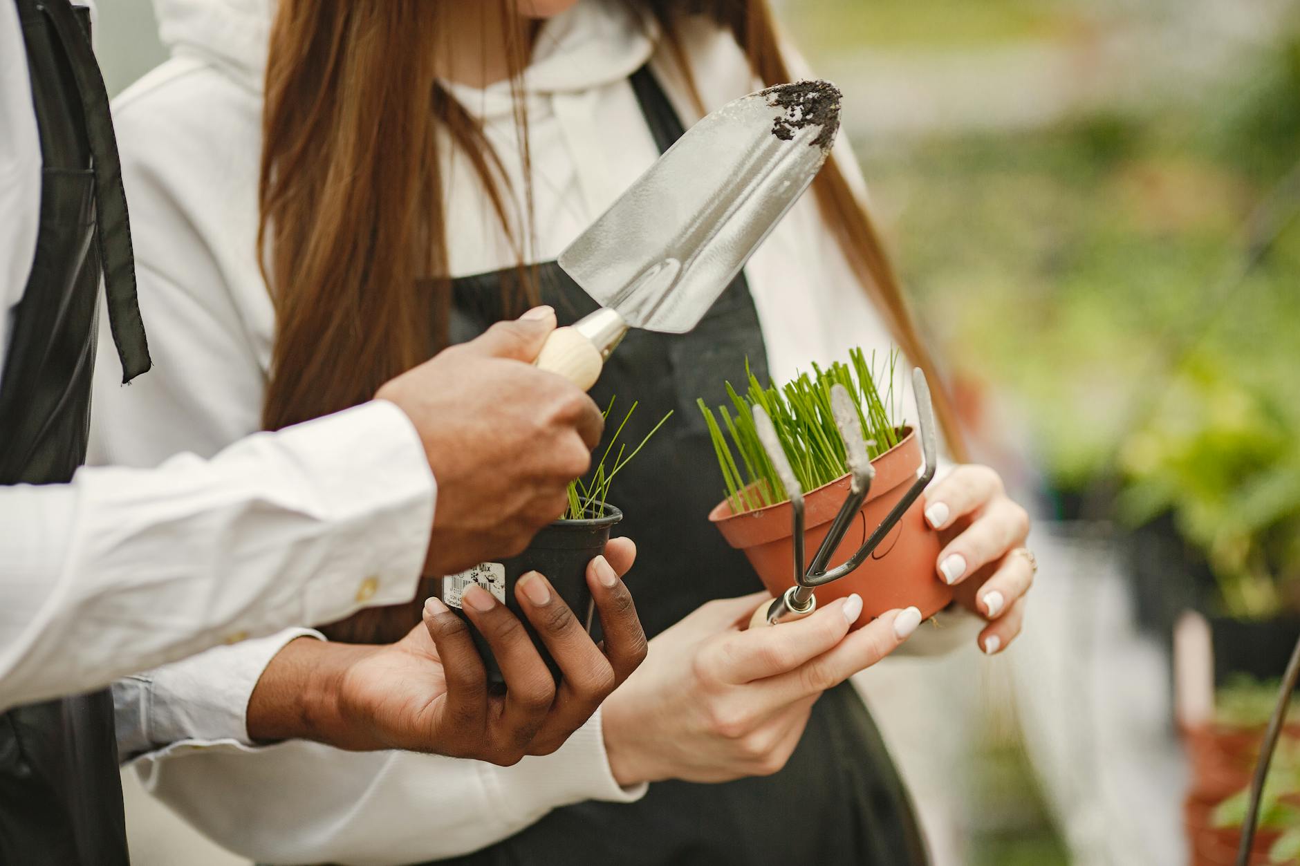 Twee mensen in een kas met jonge plantjes en tuingereedschap in de hand.